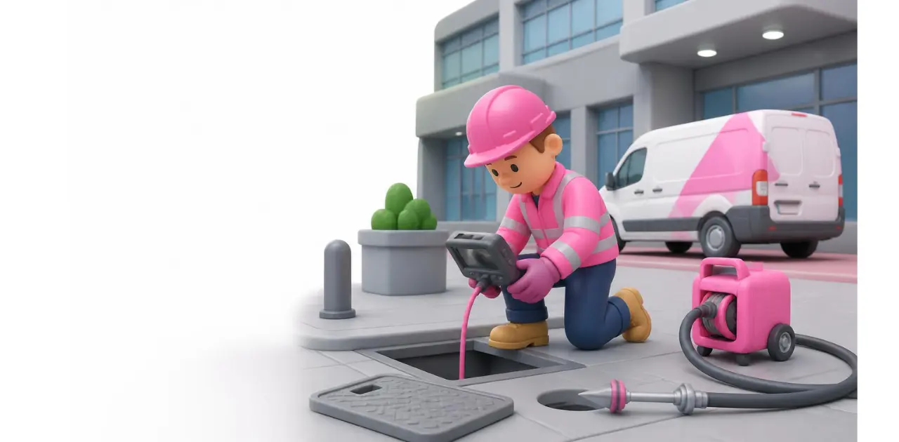 A professional drainage engineer in branded workwear kneeling beside an open manhole outside a traditional Scottish stone house, feeding a CCTV drain camera cable into the drain, with a laptop or monitor nearby displaying pipe footage, soft daylight, realistic photography style, autumn garden setting in the background.
